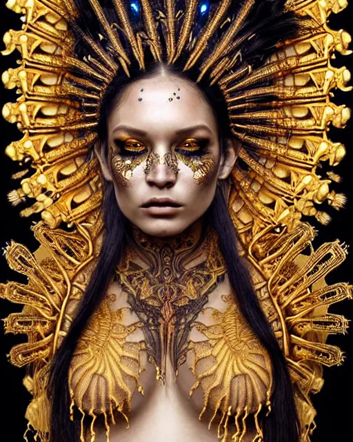 Prompt: hyperrealistic detailed portrait of a beautiful dark goddess in an intricate golden ornamental ritual headdress, intricate cyberpunk make - up, golden face tattoos, insane details, art by ernst haeckel, nekro borja, android jones, alphonso mucha, gothic - cyberpunk, beautiful deep colours,