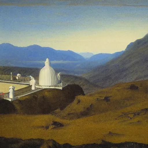 Prompt: observatory, temple, mountains by Fernand Khnopff