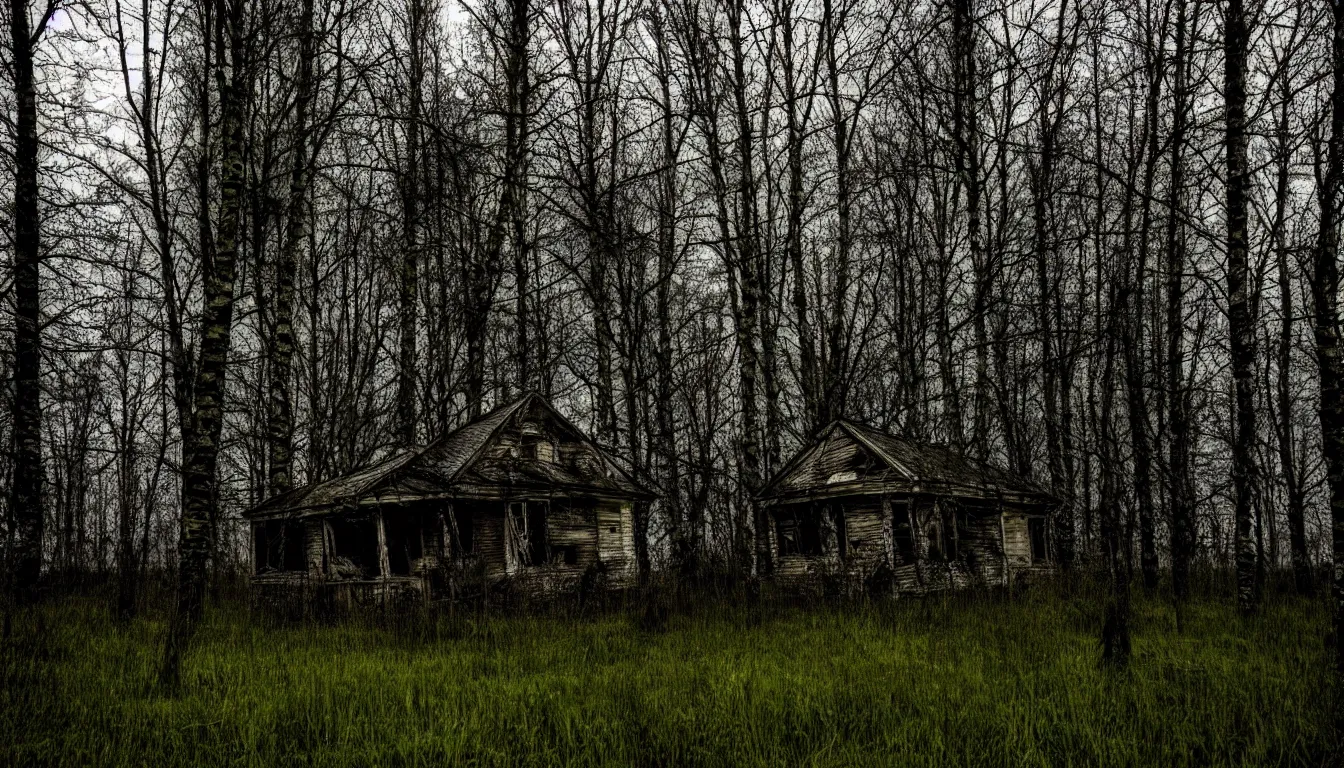 Prompt: trees and grass growing in old abandoned house near haunted birch forest dark, atmospheric, scary, claustrophobic, ambient vibe, very detailed