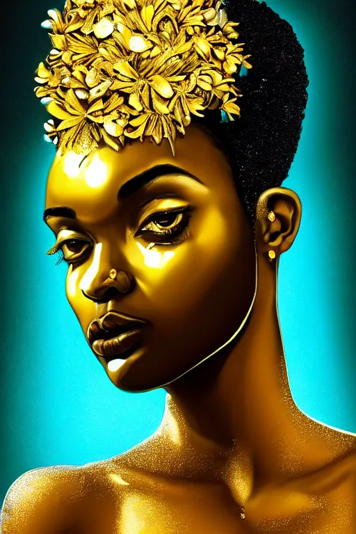 Prompt: hyperrealistic post - dada cinematic very expressive! profile black oshun goddess, shoulders from water!!, mirror dripping droplet!, gold flowers, highly detailed face, digital art masterpiece, smooth eric zener cam de leon, dynamic pearlescent teal light, low angle uhd 8 k, sharp focus