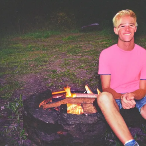 Image similar to flash photography polaroid of a young man with blonde hair sitting by a campfire nearby, smiling at the camera, wearing a pink t-shirt, retro 90s photograph, image artifacts