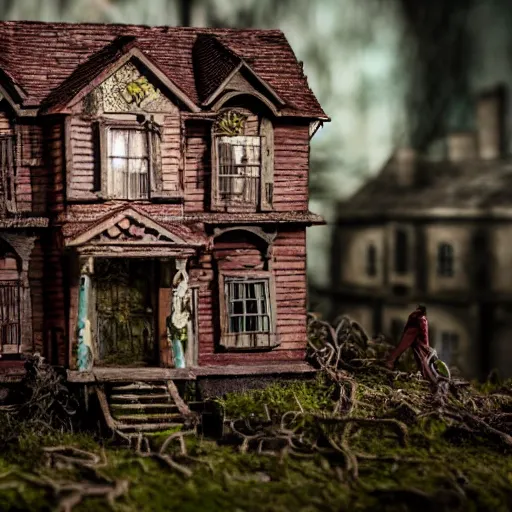 Image similar to 90mm f/2.8 macro photo of a haunted house diorama by tim burton