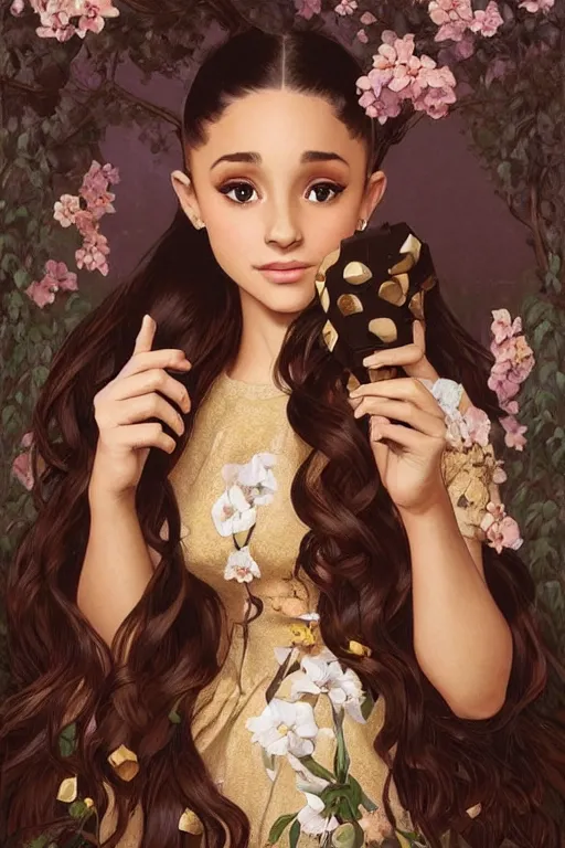 Image similar to beautiful cottagecore Ariana Grande holding a chocolate colored vase. intricate, elegant. the background is chocolate !. highly detailed, digital painting, artstation, concept art, smooth, sharp, focus, illustration. . art by artgerm and greg rutkowski and alphonse mucha