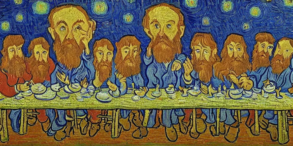 Prompt: The Last Supper in the style of Van Gogh