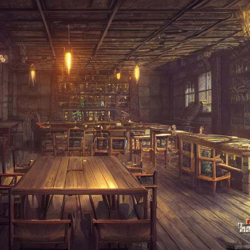 Image similar to ultra mega super hyper realistic Digital concept interior design of Cyberpunk tavern mixed with medieval style. Natural sunlight from the transperient roof . Rendered in VRAY and DaVinci Resolve and MAXWELL and LUMION 3D, Volumetric natural light