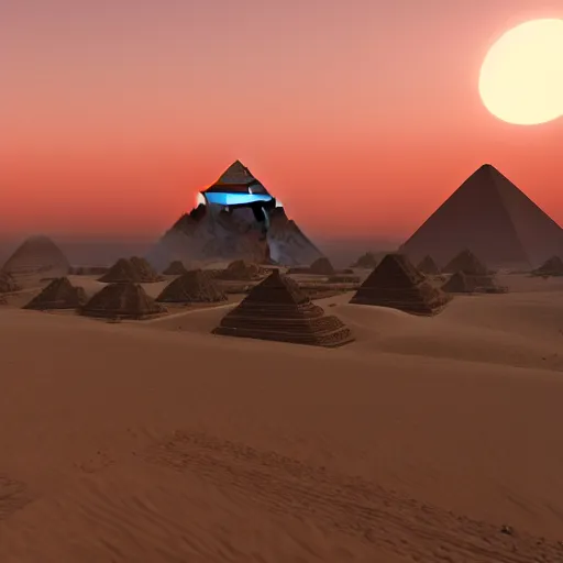 Image similar to the great pyramids during a summer sunset, unreal engine