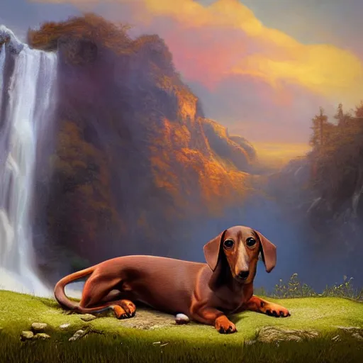 Prompt: black and brown dachshund sitting on top of a hill, waterfall in background, matte painting, cartoon, historical painting, framed, golden hour, realistic