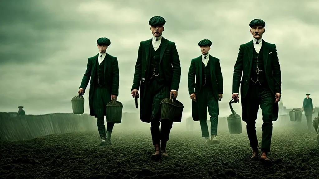 Prompt: the peaky blinders made of cucumbers coming out of the ocean film still from the movie directed by denis villeneuve with art direction by zdzis