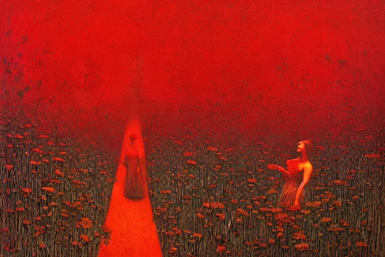 Image similar to only with red, red flowers of different types, a red tiger, a castle in the background, medieval demons dance over the flowers, an ancient path, in the style of beksinski, part by hopper, part by rodcenko, part by hofbauer, intricate composition, red by caravaggio, insanely quality, highly detailed, masterpiece, red light, artstation