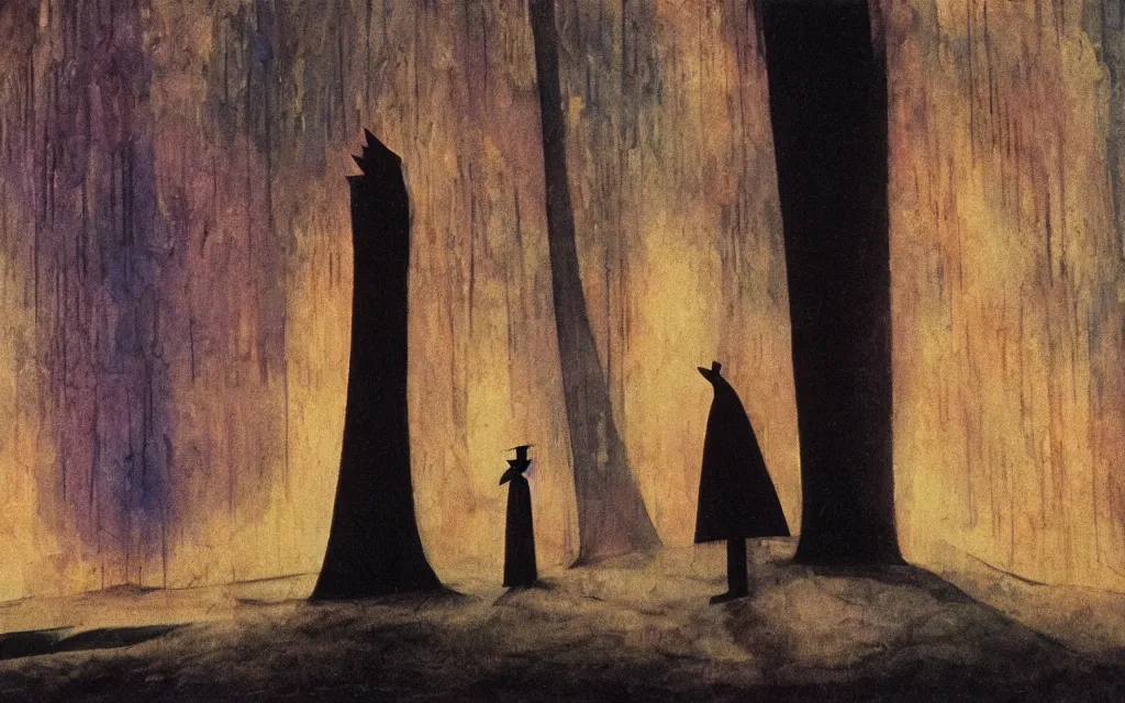 Image similar to high quality high definition colorized movie still from The Cabinet of Doctor Caligari: a lonely ghost walking alone at night in the woods, high quality oil painting, iridescent color palette