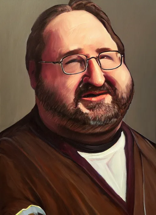 Prompt: tasteful oil painting portrait of gabe newell