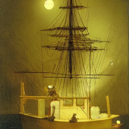 Image similar to night piracy, extremely detailed masterpiece, Roger Deakin’s cinematography, illustration, by Michael Sowa,