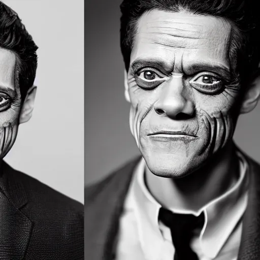 Image similar to studio portrait photography of rami malek morphing into willem dafoe with creepy smile, highly detailed