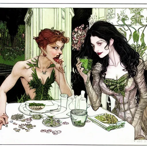 Prompt: a beautiful picture of doctor poison ivy professor of botany and doctor liliana onyx professor of demonology having lunch, academic clothing, dark eyeliner, intricate, elegant, highly detailed, digital painting, artstation, concept art, matte, sharp focus, illustration, art by rebecca guay and by arthur rackham and by john william waterhouse