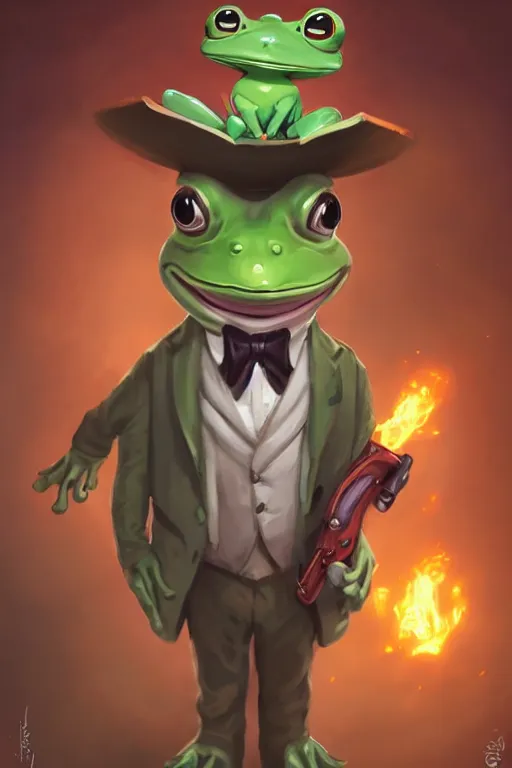 Image similar to cute anthropomorphic frog wearing a fancy suit , tuxedo and holding a chainsaw ,tiny, small, miniature frog, baby animal, short, pale blue armor, cute and adorable, pretty, beautiful, DnD character art portrait, matte fantasy painting, cgsociety Artstation, by Jason Felix by Steve Argyle by Tyler Jacobson by Peter Mohrbacher, cinematic lighting