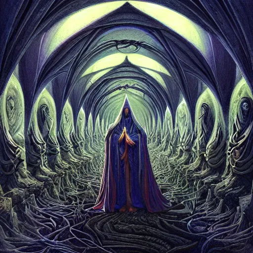 Image similar to a dark cabal of hooded elven mystics in long robes gathered in a circular formation around a highly advanced quantum computer processing the spirits of the dead, dan seagrave art, michael whelan