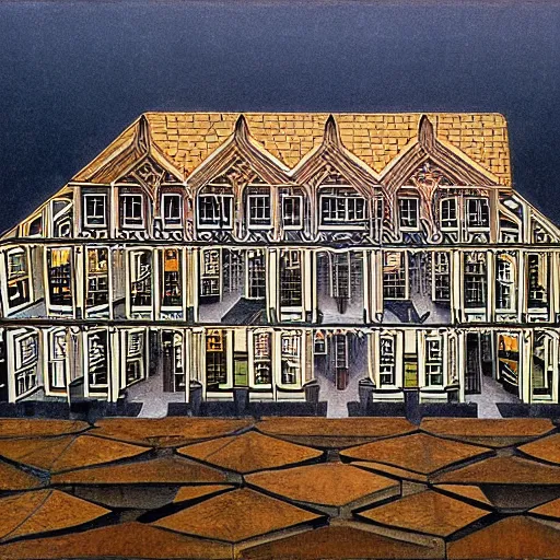 Image similar to impossible penrose house by M.C. Escher, painting with intricate details