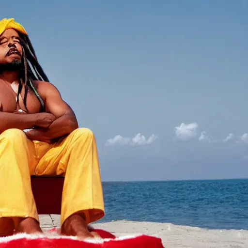 Image similar to rastafarian donald trump lounging on the beach.