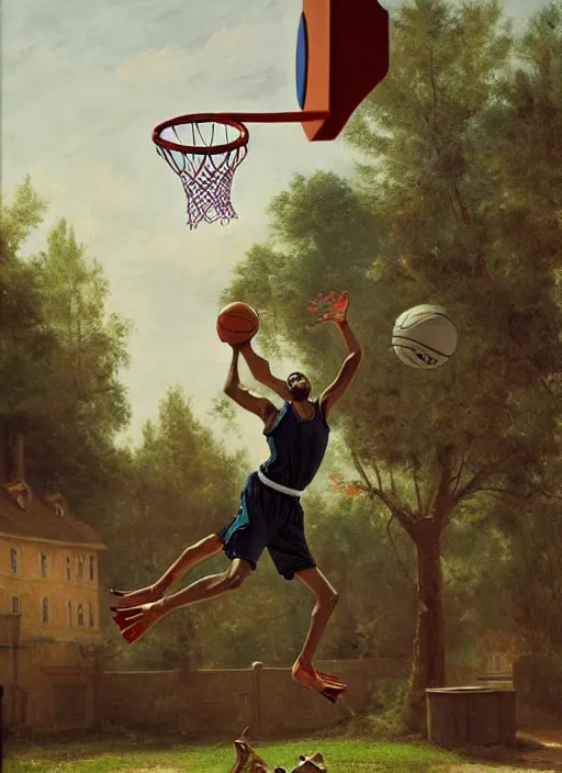 Image similar to a frog dunking a basketball into a basketball hoop highly detailed, sharp focus, matte painting, by isaac levitan and asher brown durand,