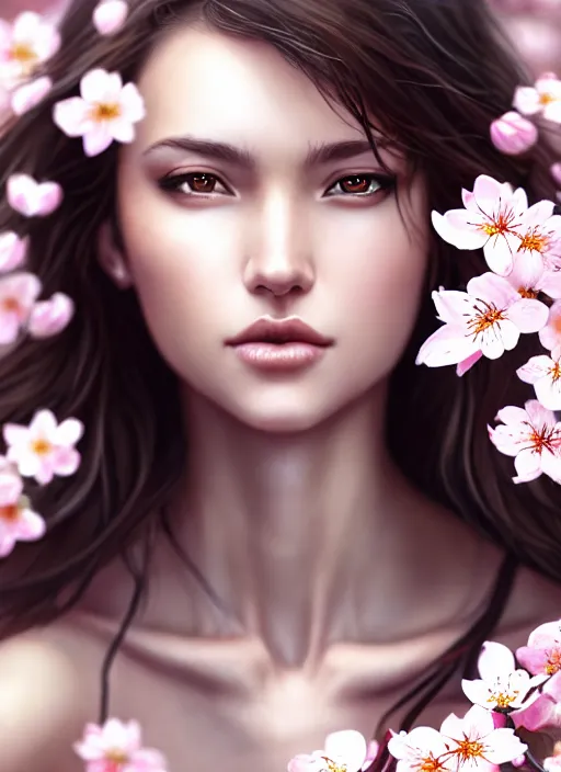 Image similar to photo of a gorgeous female with messy hair in the style of stefan kostic, realistic, body shot, sharp focus, 8 k high definition, insanely detailed, intricate, elegant, art by stanley lau and artgerm, cherry blossoms