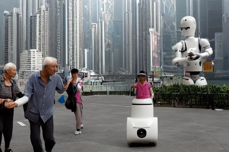 Image similar to robots helping elderly tourists in Hong Kong by Roger Deakins