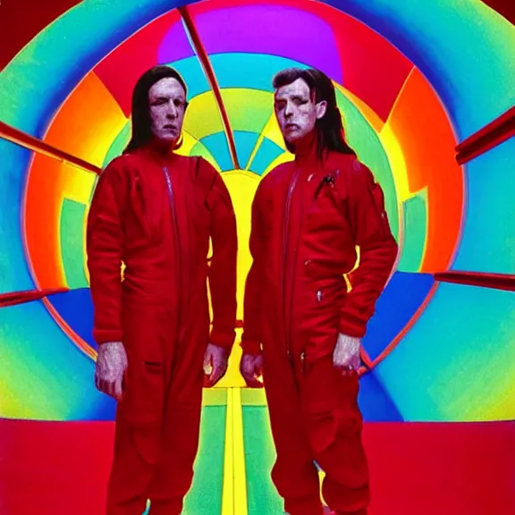 Prompt: two time pilots wearing red rick owens flight suits inside the glowing geometric rainbow portal to the sixth dimension by frank frazetta