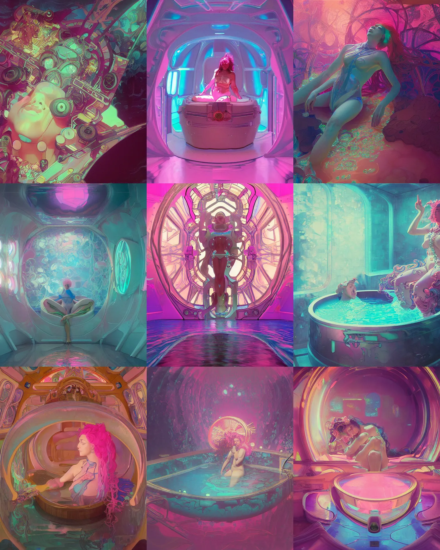 Prompt: the inside of a filled Sensory deprivation tank filled with glowing pink water, Cross section, seapunk Mecha , vaporwave , digital art, artstation, by WLOP, Ilya repin, alphonse mucha., Very highly detailed 8K, octane, Digital painting, the golden ratio,