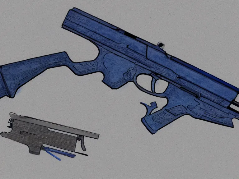 Image similar to blue prints, concept art of a gun and a knife combination.