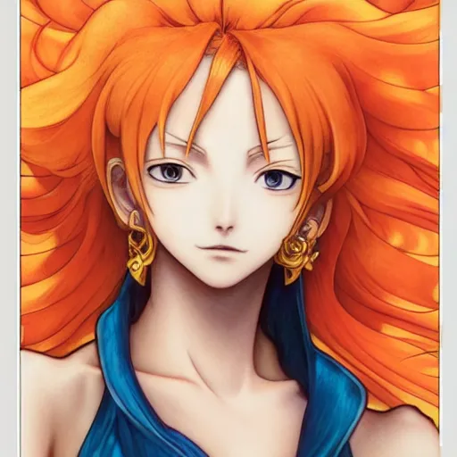 Image similar to intricately detailed vfx portrait of nami from one piece by eiichiro oda, makoto shinkai, alphonse mucha, art by artgerm and greg rutkowski, best of behance, concept art, matte, sharp focus, orange hair, elegant, adolphe bouguereau, annie leibovitz, stanley kubrick, cel shading, hdr,