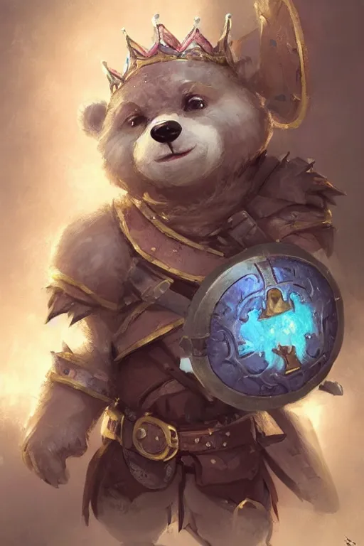 Image similar to cute little anthropomorphic bear knight wearing a cape and a crown, tiny, small, miniature bear, baby animal, short, pale blue armor, cute and adorable, pretty, beautiful, DnD character art portrait, matte fantasy painting, DeviantArt Artstation, by Jason Felix by Steve Argyle by Tyler Jacobson by Peter Mohrbacher, cinematic lighting