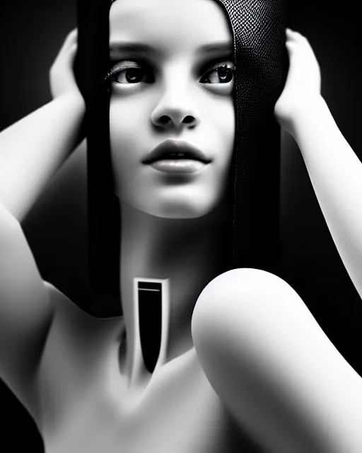 Prompt: black and white dreamy young beautiful female nuclear - cyborg high quality portrait photo, microchip skin, artificial intelligence, cinematic, rim light, photo - realistic, elegant, high detail, 8 k, masterpiece, high fashion, photo taken in 1 9 3 0