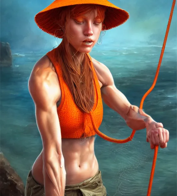 Prompt: muscular female fisherman fixing net, perfect face, bucket hat, orange halter top, ginger hair, abs, cinematic, blush, stunning, athletic, strong, agile, highly detailed, psychedelic, digital painting, artstation, smooth, hard focus, illustration, art by jessica rossier and and brian froud