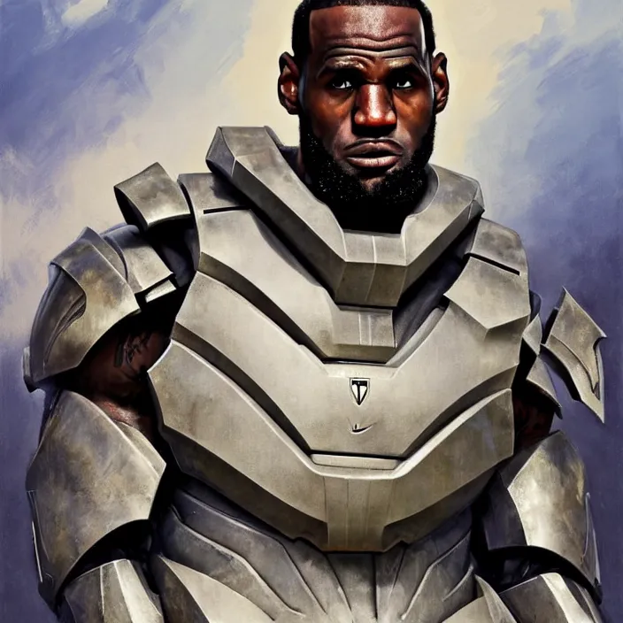 Image similar to LeBron James wearing Forerunner armor from Halo, countryside, calm, fantasy character portrait, dynamic pose, above view, sunny day, thunder clouds in the sky, artwork by Jeremy Lipkin and Giuseppe Dangelico Pino and Michael Garmash and Rob Rey and Greg Manchess and Huang Guangjian, very coherent asymmetrical artwork, sharp edges, perfect face, simple form, 100mm
