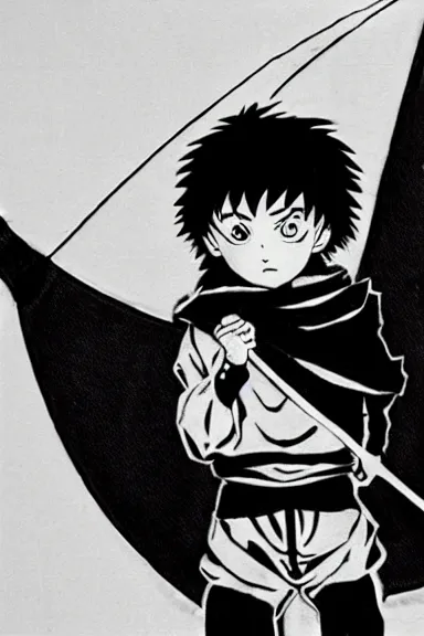 Prompt: attractive little boy wearing an ninja suit, black and white artwork made by kentaro miura and yoshihiro togashi