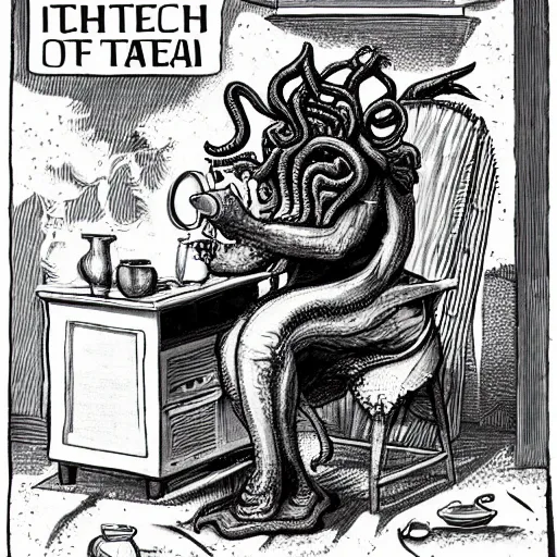 Prompt: A portrait of Cthulhu making a cup of tea and chilling out