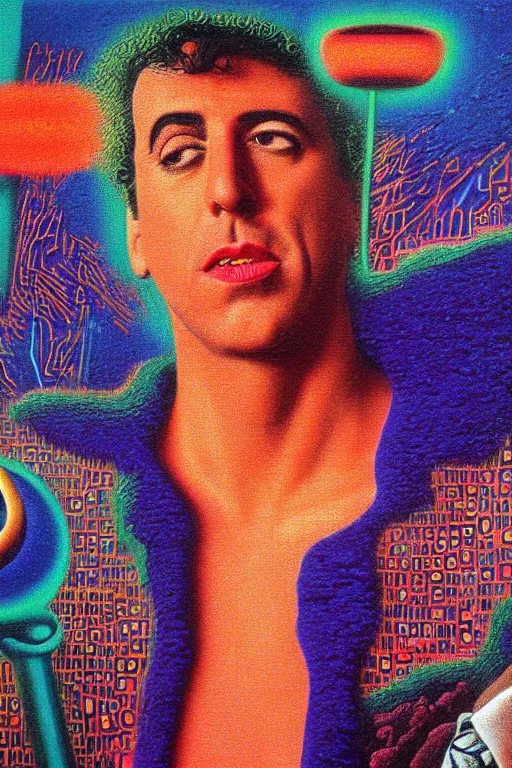 Prompt: 8 0 s art deco close up portait of jerry seinfeld, rain like a dream oil painting curvalinear clothing cinematic dramatic cyberpunk textural fluid lines otherworldly vaporwave interesting details fantasy lut epic composition by basquiat zdzisław beksinski james jean artgerm rutkowski moebius francis bacon gustav klimt