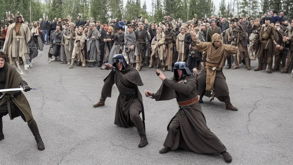 Prompt: jedi battle of zelensky against putin, in the style of star wars