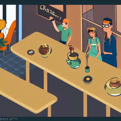 Image similar to barista at customers table : cafe serves cannabis cake for the first time in australia, isometric illustration fun, render in pixar, by darwyn cooke