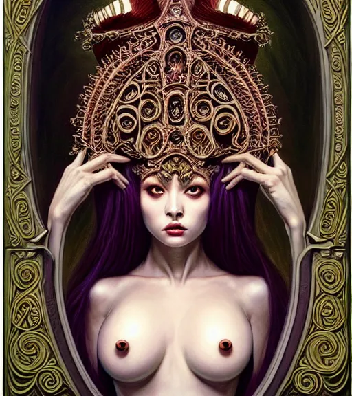 Image similar to symmetrical painting, a beautiful female succuba queen in hollow dress, pretty, gorgeous, attractive, stunning, inspired by queens blade, detailed and intricate, perfect body shape, perfect face, hypermaximalist, elegant, ornate, luxury, elite, matte painting, cinematic lighting, james jean, brian froud, wayne barlowe