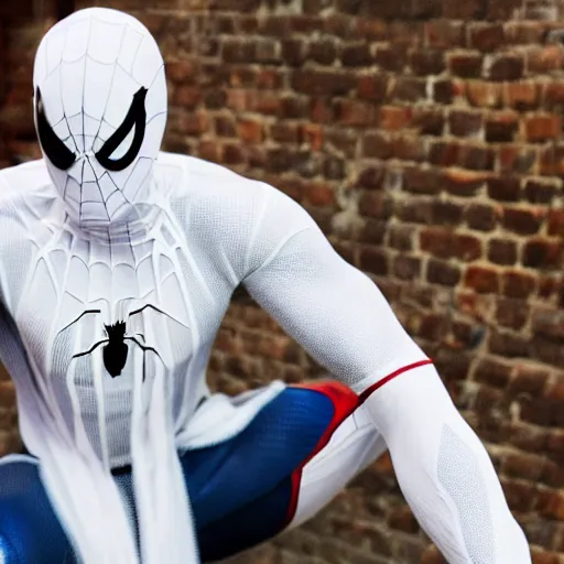 Image similar to spider - man in a white costum