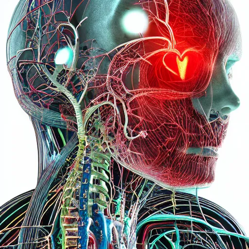 Image similar to a human heart, revealing wires and electronics, arteries, veins, human heart, anatomy, sci - fi, missing panels, intricate abstract upper body intricate artwork, concept art, octane render, deviantart, cinematic, key art, hyperrealism, iridescent accents, portrait photograph, nikon 3 5 mm, parts illustration
