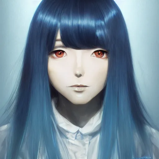 Prompt: full body shot of rimuru tempest, sky blue straight hair, long bangs, with amber eyes, wearing a black jacket, high collar, ultra detailed, concept art, award winning photography, digital painting, cinematic, wlop artstation, closeup, pixiv, evil, yoshitaka amano, andy warhol, ilya kuvshinov,