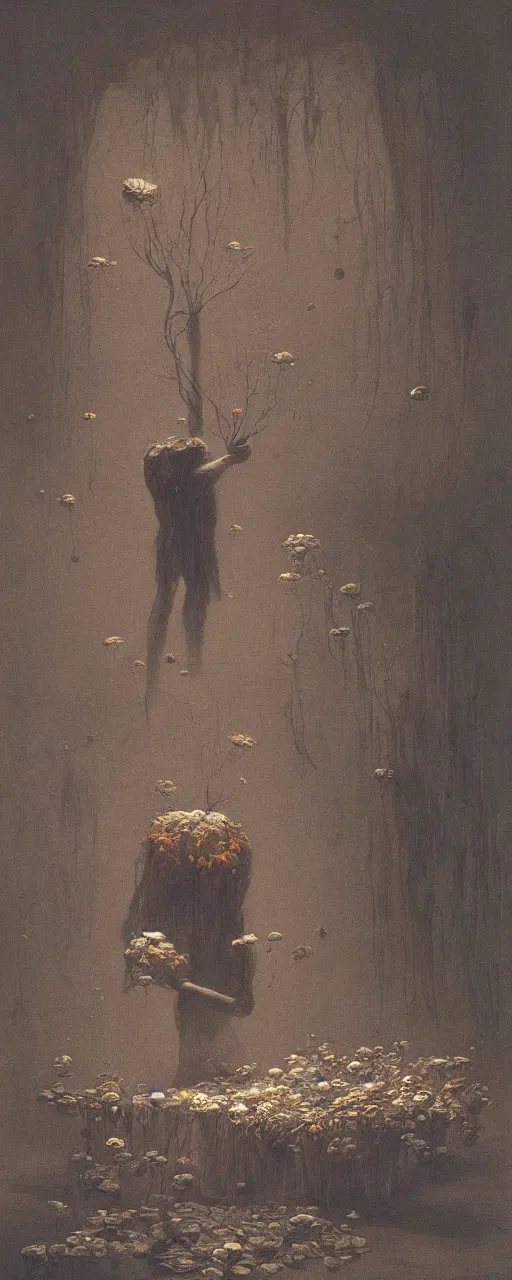 Image similar to a golemn tending to a beautiful dried flower in a dark room, zdzislaw beksinski, arthur rachham, interior, 8 k, artstation