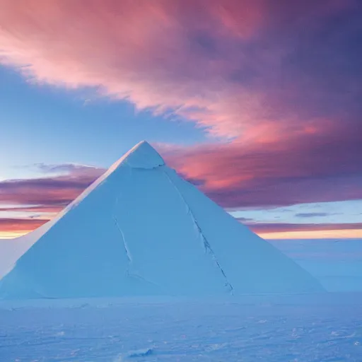 Image similar to huge pyramid in Antarctica, war, real, blue sky, smoke, red clouds, detailed, award winning, photograph, cinematic