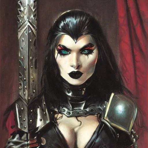 Prompt: portrait of a goth emo girl wearing armor and holding sword by frank fazetta, fantasy, barbarian