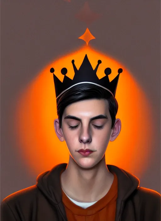 Image similar to portrait of teenage jughead jones wearing a light grey crown, crown, hamburger background, eyes closed, crown, black hair, orange, intricate, elegant, glowing lights, warm lighting, highly detailed, digital painting, artstation, concept art, smooth, sharp focus, illustration, art by wlop, mars ravelo and greg rutkowski