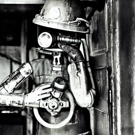 Prompt: fallout codsworth handyman photo in the style of Walker Evans