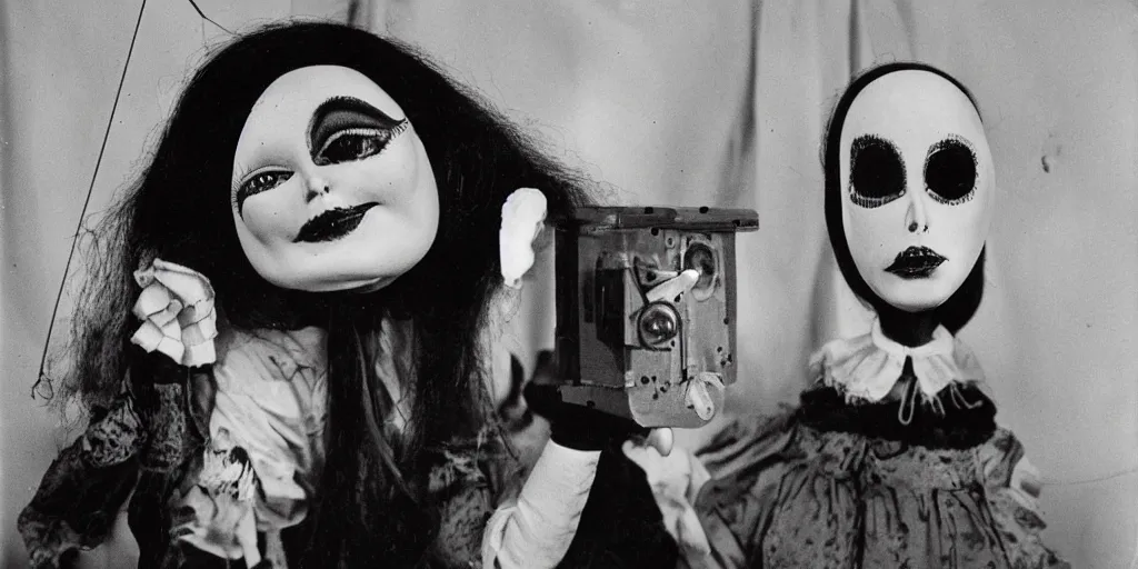 Image similar to 1 9 7 0 s female alive, eerie, creepy masked marionette puppet, unnerving, clockwork horror, mime women, pediophobia, lost photograph, dark, forgotten, final photo found before disaster, realistic, vintage noir, polaroid,