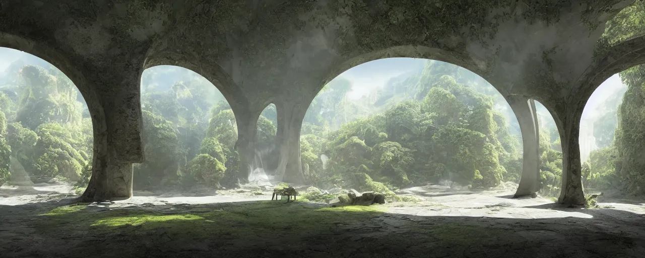 Image similar to Futuristic Roman room arched windows with view of a forest outside::1, organic volumetric lights, greenery, comfortable, cinematic, octane render, dreamlike, psychedelic, otherworldly, weird, vaporwave, interesting details, volumetric lighting, dramatic, fantasy, by Moebius, by zdzisław beksiński, Fantasy LUT, epic composition, 8k,