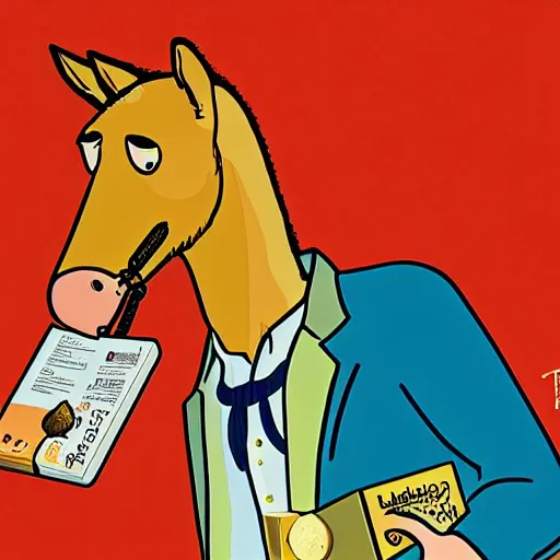 Prompt: bojack horseman featured on a wheaties box, wearing a gold medal